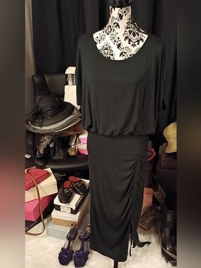 Black Maxi Dress with Side Ruched Drawstring - Women's